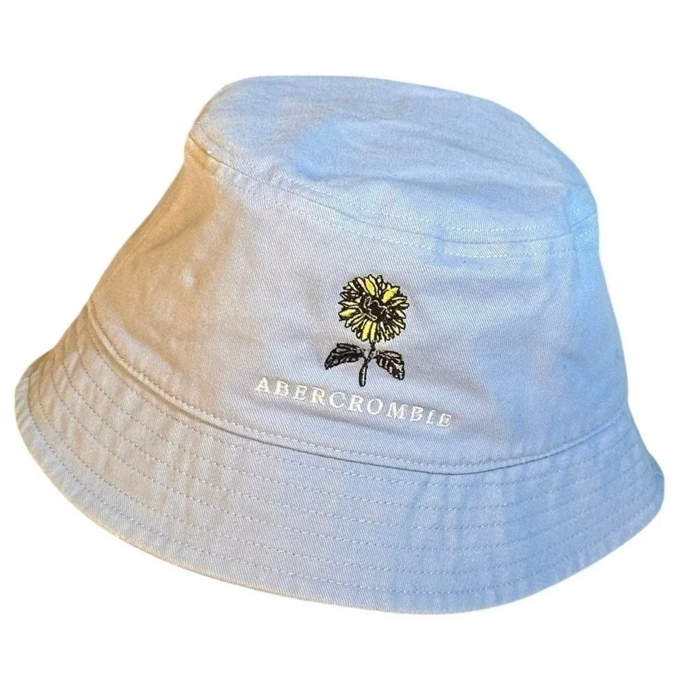 Abercrombie Bucket Hat Womens OS Light Blue Sunflower Embroidered Cotton